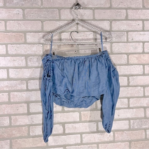 Free People In The Limelight Off The Shoulder Chambray Cropped Top Size XS - Picture 7 of 11
